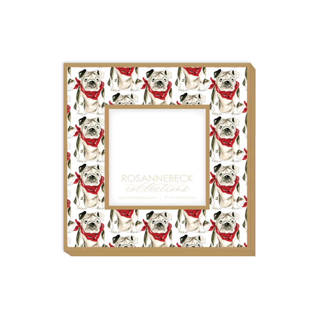 4x4 Frame - Gold Handpainted Bulldog with Red & Black Bandana