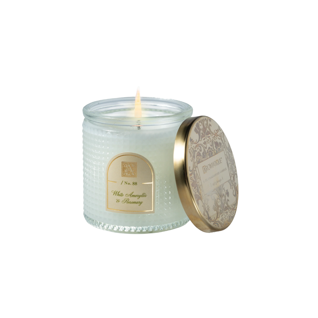Aromatique White Amaryllis and Rosemary Textured Glass Candle-6oz
