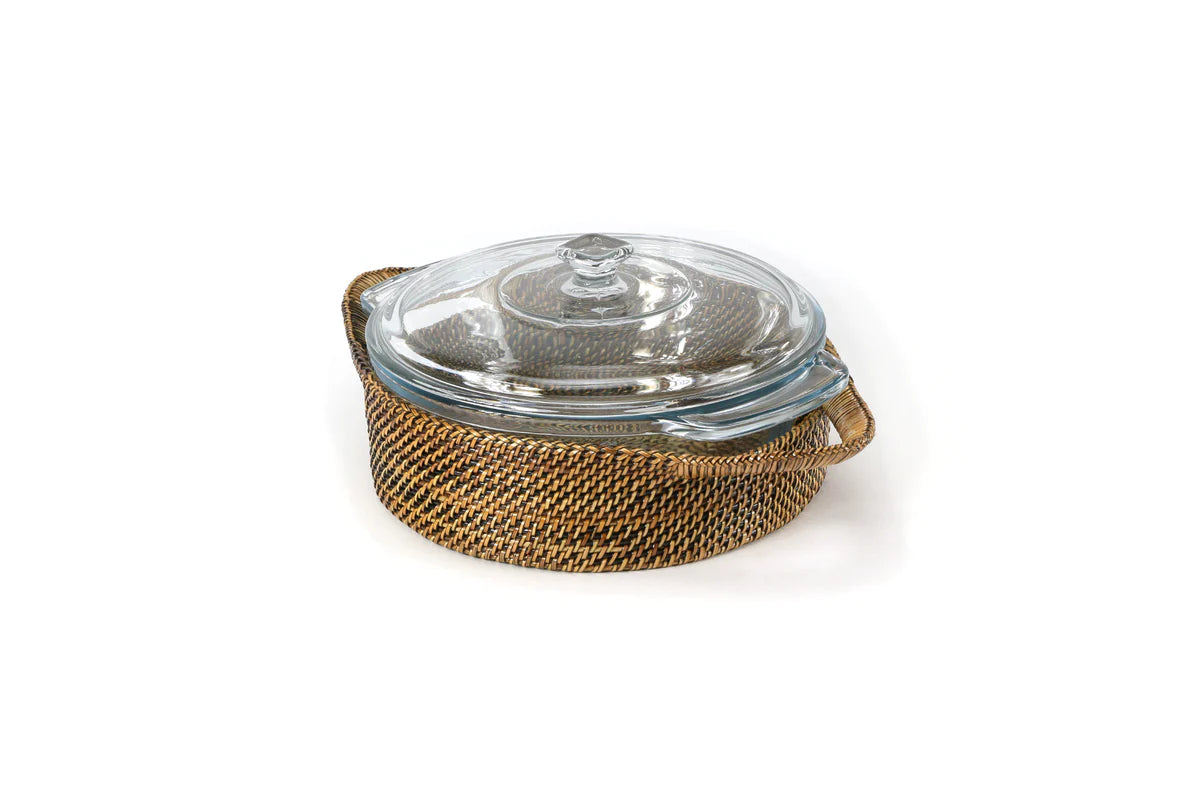 Calaisio Round Basket with Glass Casserole Dish with Cover, 2qt Anchor