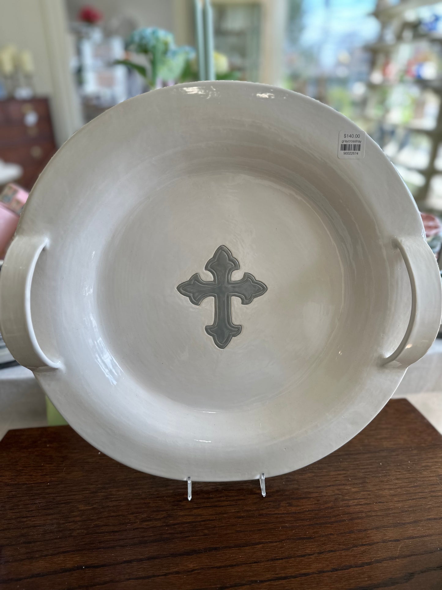 Red Bird Pottery Round Tray with Gray Cross
