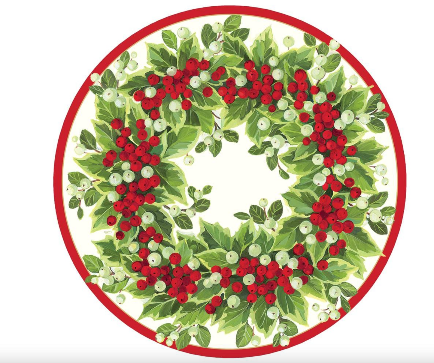 Holly and Berry Wreath Round Paper Placemats - 12 Per Package