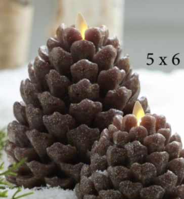 Moving Flame Frosted Brown Pinecone Candle 5x6