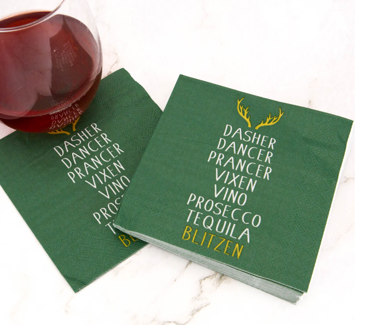 Blitzen Cocktail Napkins Dark Green/White 5"