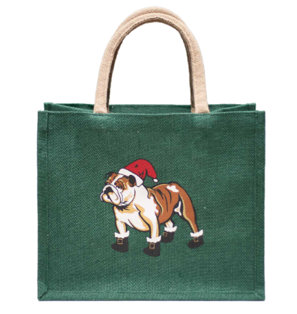 St. Nick Bulldog Gift Tote Green/Brown/Red 12x10x8
