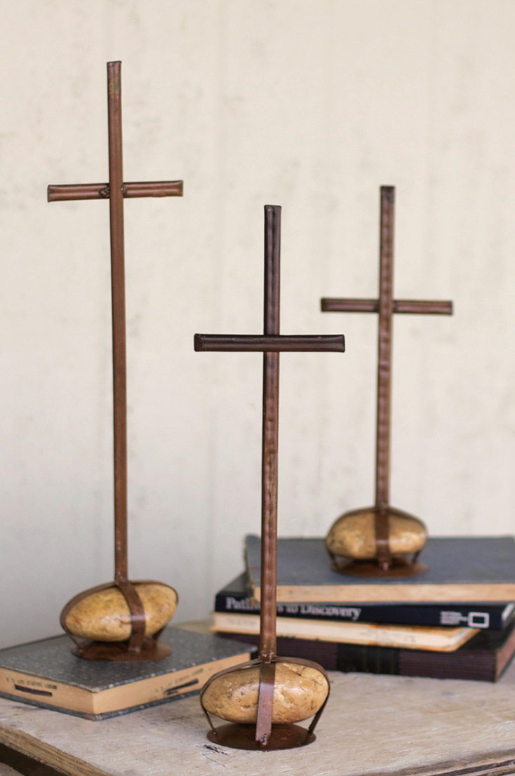 Scrap Metal Crosses with Caged Rock Bases