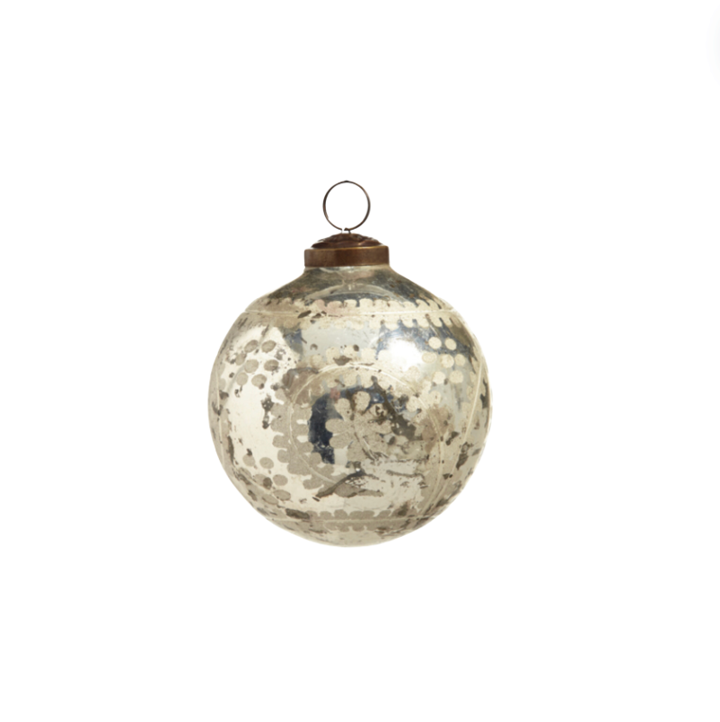 4" Etched Silver Mercury Glass Ball Ornament