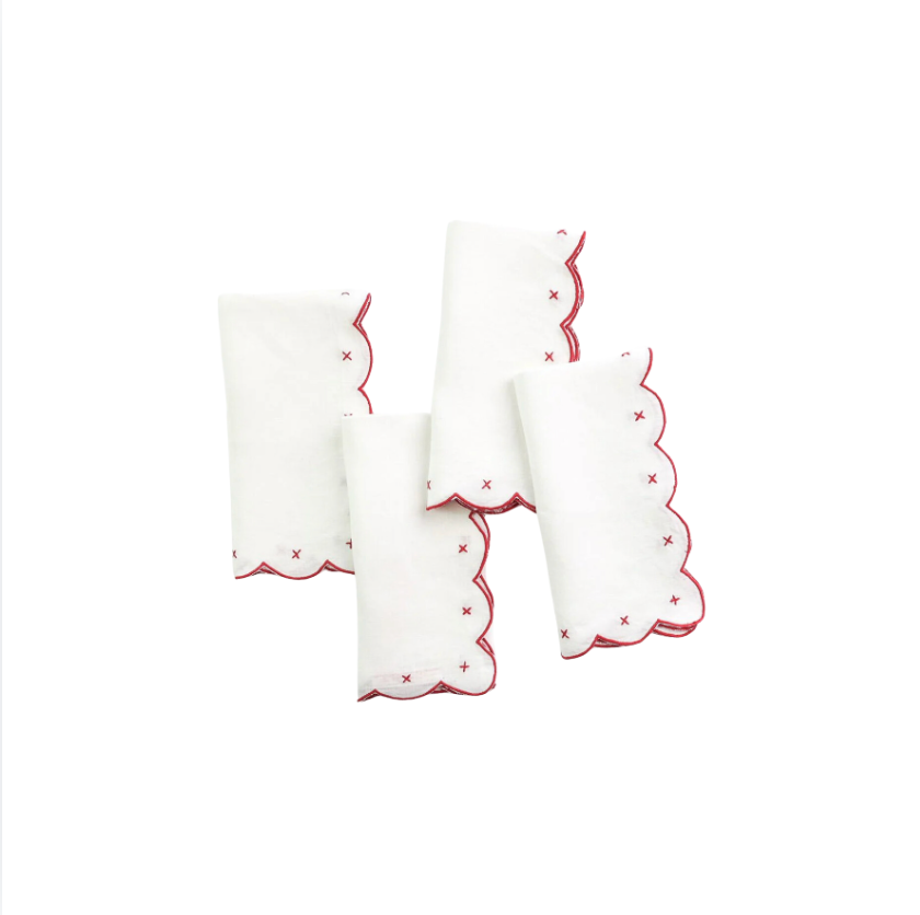 Pomegranate Scalloped Knot Red Embroidered Linen Napkin | Set of 4