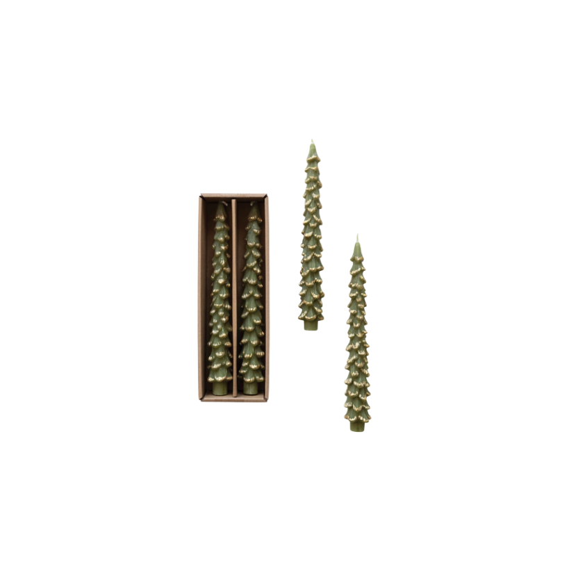 Unscented Tree Shaped Taper Candles w/ Gold Tips in Box, Evergreen Color