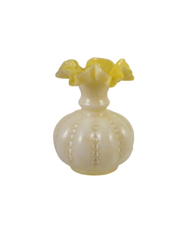 Yellow & White Hand-Blown Glass Ruffled Vase