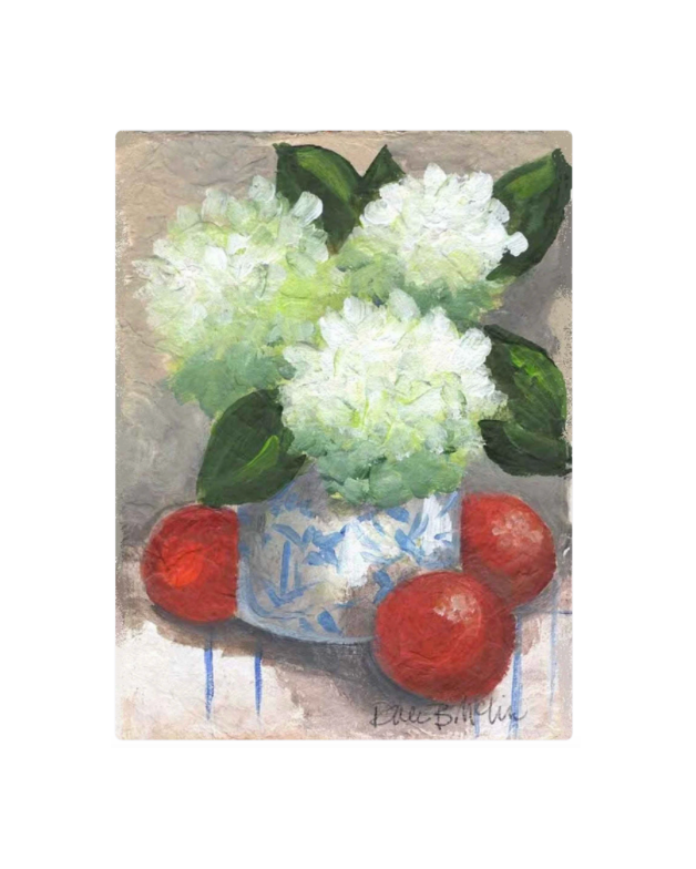 Oranges and White Hydrangeas Framed Art + Easel
