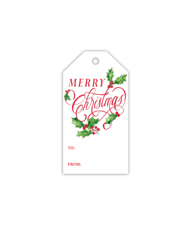 Red Merry Christmas with Holly and Berries Gift Tag