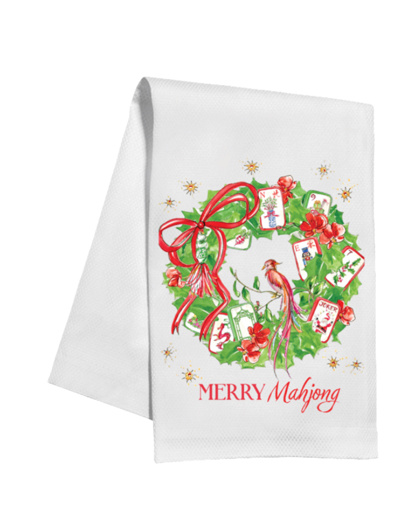 Merry Mahjong Wreath Red & Green Mahjong Tiles Kitchen Towel