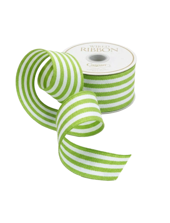 Moss Green/White Striped Grosgrain Wired Ribbon