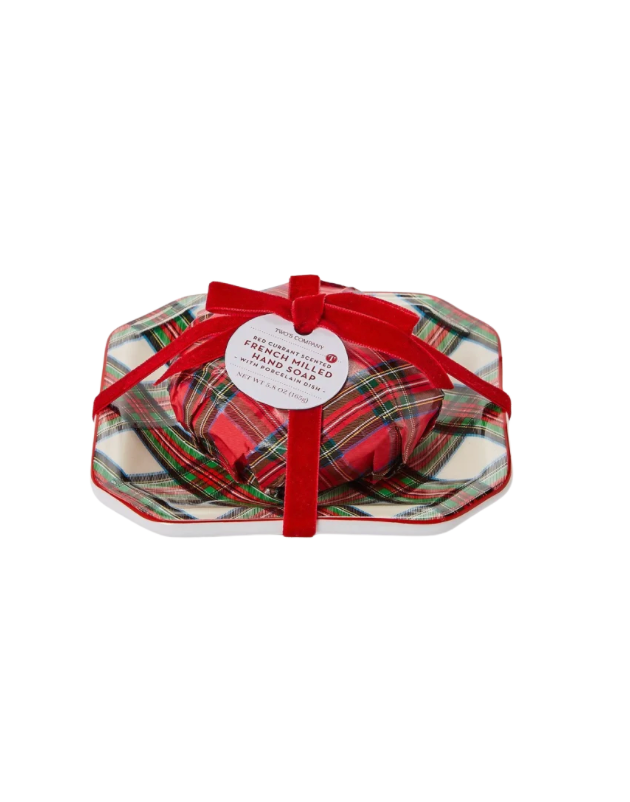 Tartan Red Currant Scented French Milled Soap with Porcelain Tray