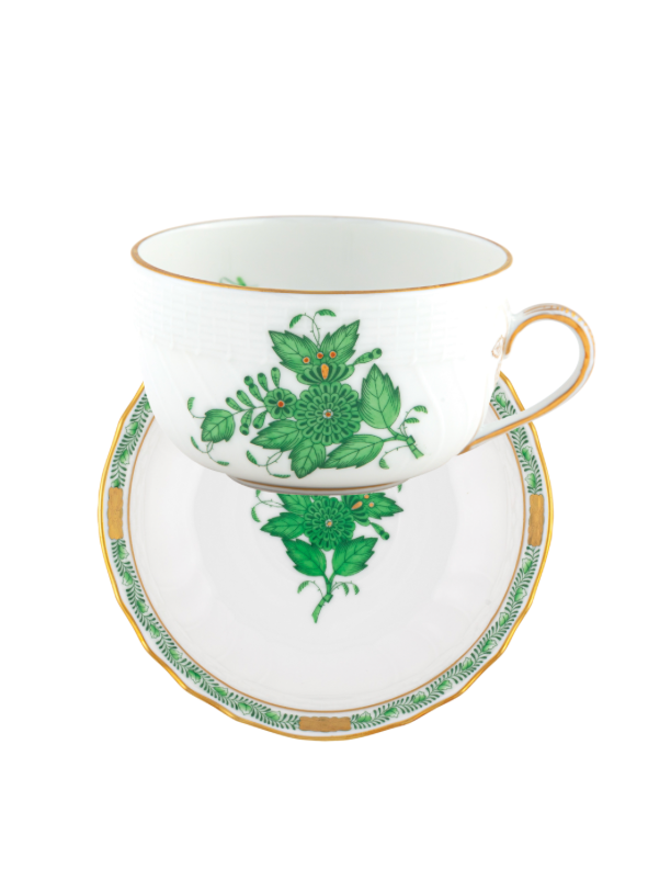Herend Chinese Bouquet Green Canton Tea Cup and Saucer