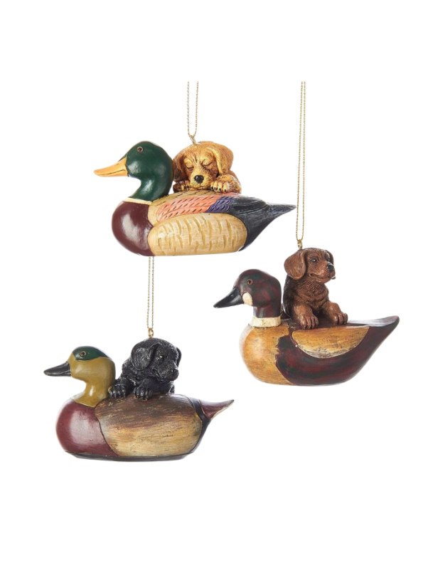Puppy With Duck Decoy Ornaments