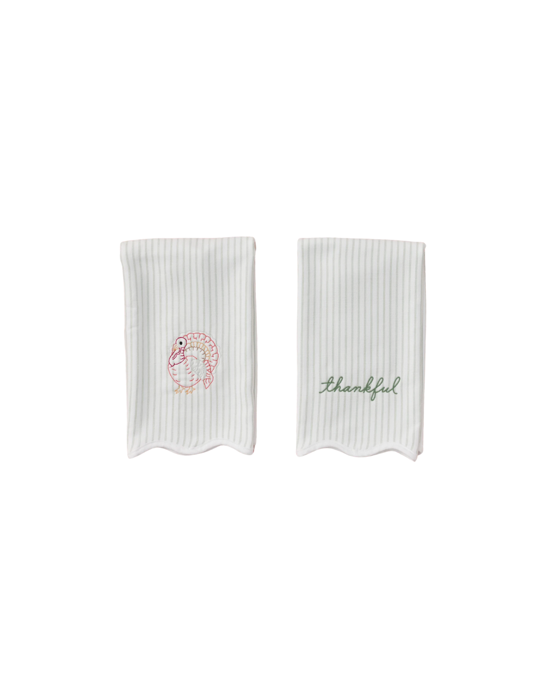Weezie Thankful Turkey Scalloped Kitchen Towel- Green Stripe