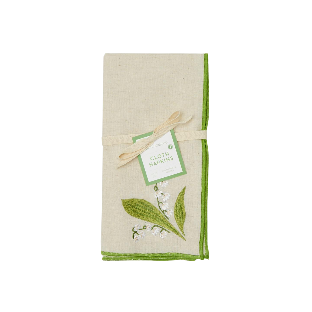 Lily of the Valley Set of 4 Embroidered Napkins with Merrow-Stitched Trim