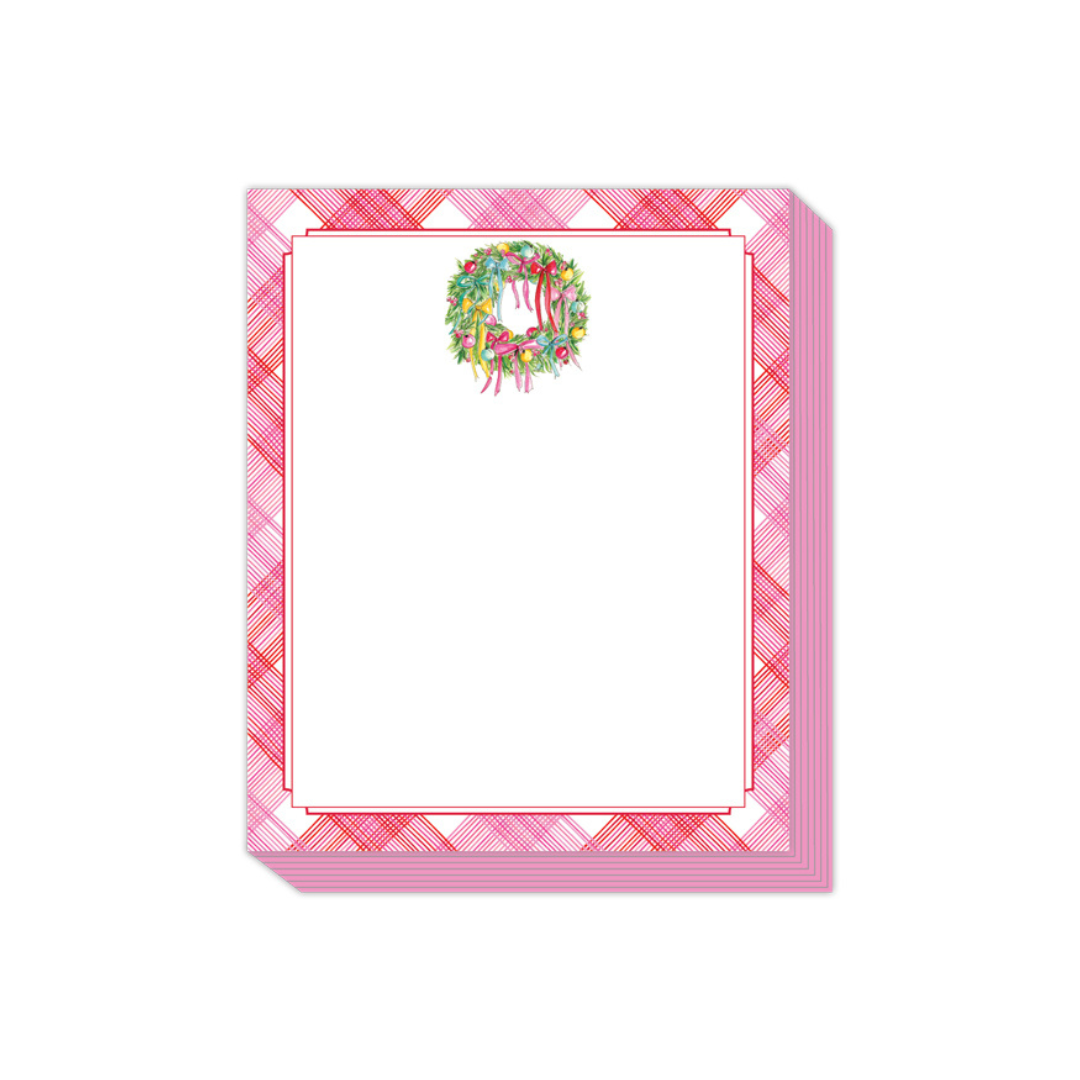 Pink and Red Plaid with Wreath Short Stack Notepad