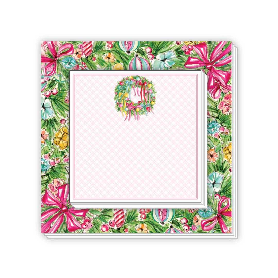 Greenery and Wreath with Ornaments and Pink Bows Notepad Duo