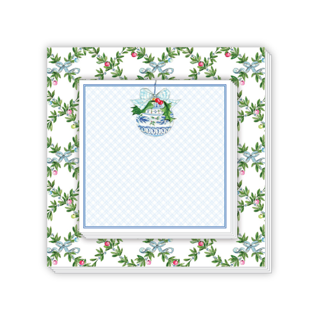 Greenery with Ornaments and Blue Bows and Chinoiserie Ornament Notepad Duo