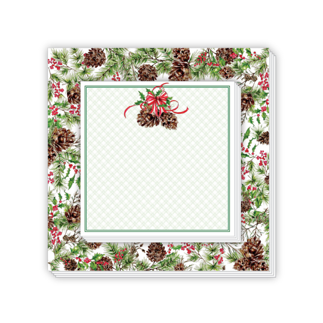 Pine Cones with Greenery and Striped Red Bow Notepad Duo