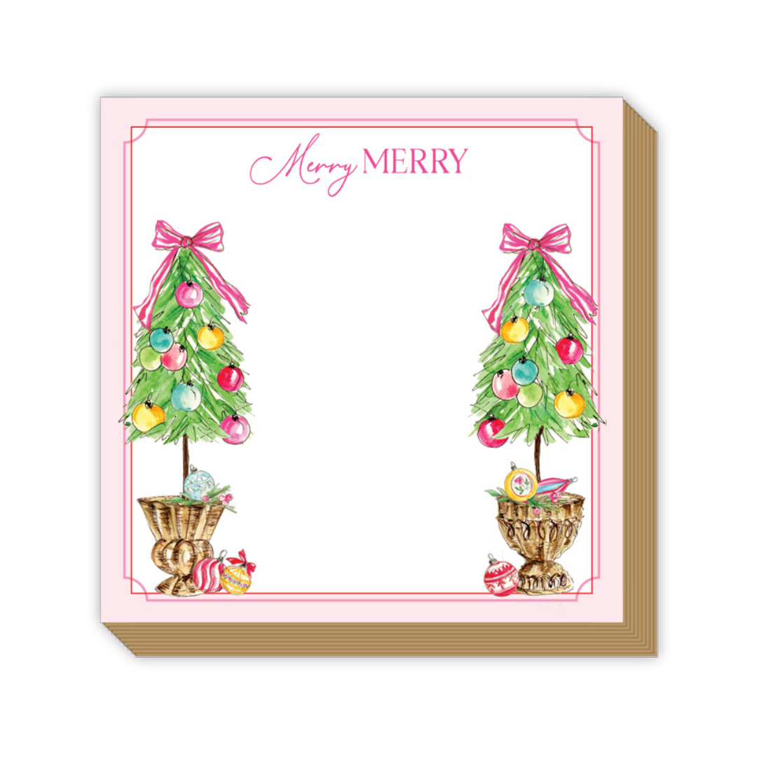 Merry Merry Christmas Tree Topiaries with Pink Bows Luxe Notepad
