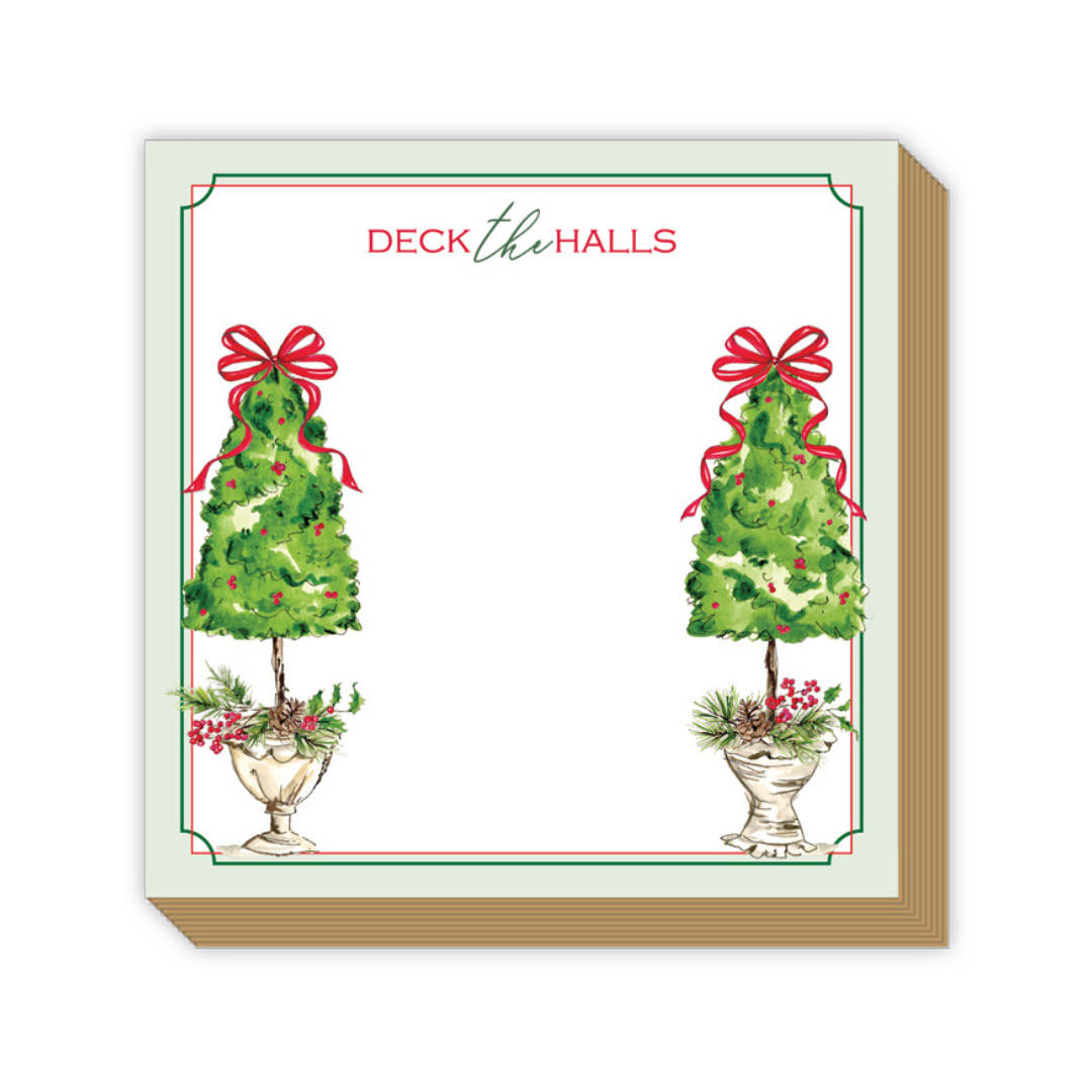 Deck the Halls Christmas Topiaries with Red Bows Luxe Notepad