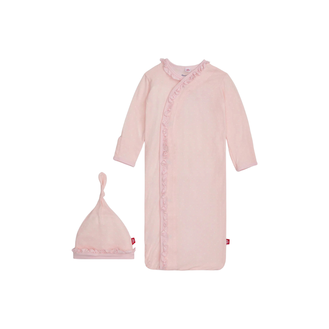 Magnetic Me Pin Dot Pink Modal Magnetic Cozy Sleeper Gown + Hat Set with Ruffles