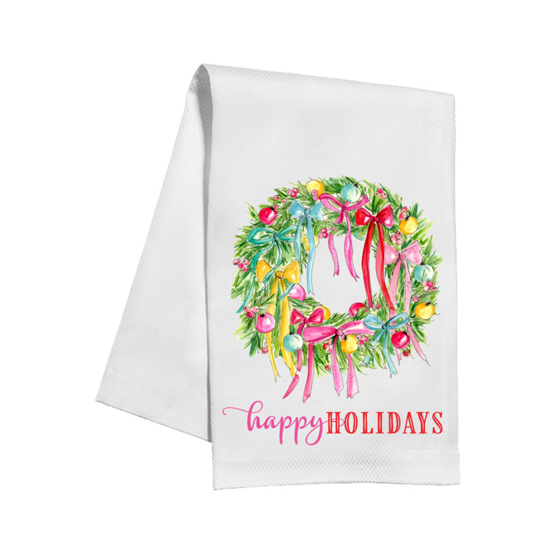 Happy Holidays Wreath with Ornaments and Bows Kitchen Towel