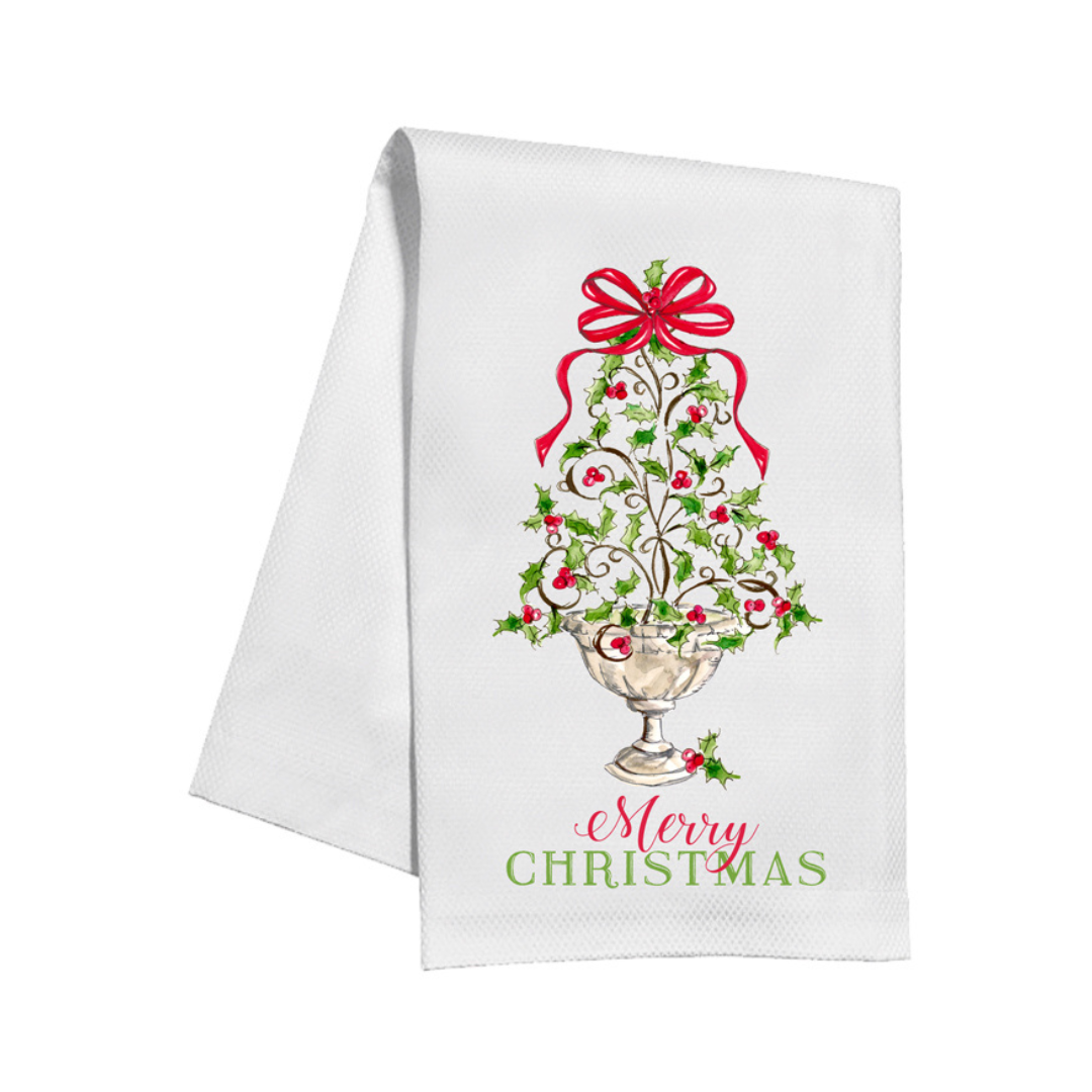 Holly Topiary with Red Bow Kitchen Towel