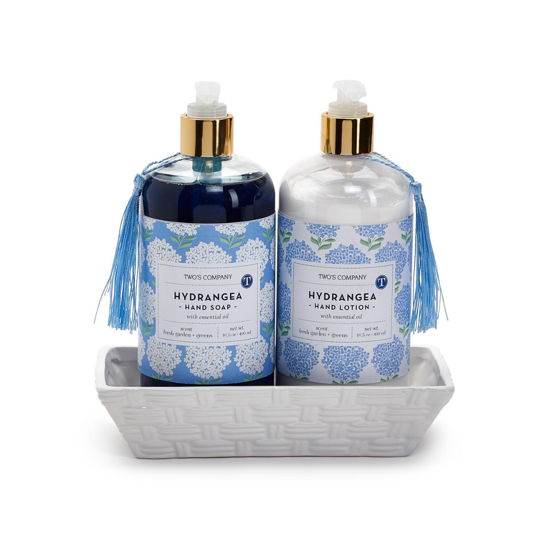 Hydrangea Scented Soap and Lotion Set in Ceramic Tray