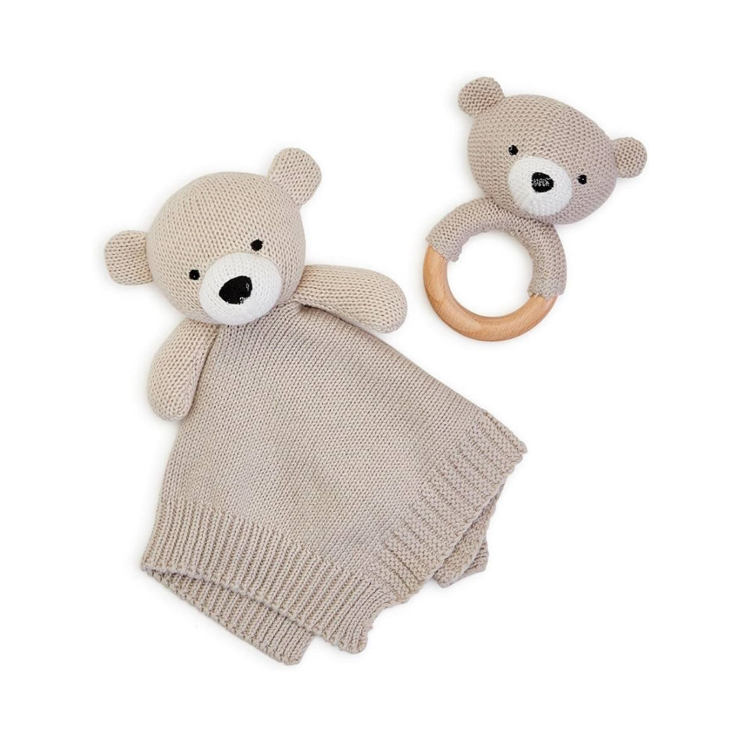 Knitted Baby Bear Snuggle and Rattle Set