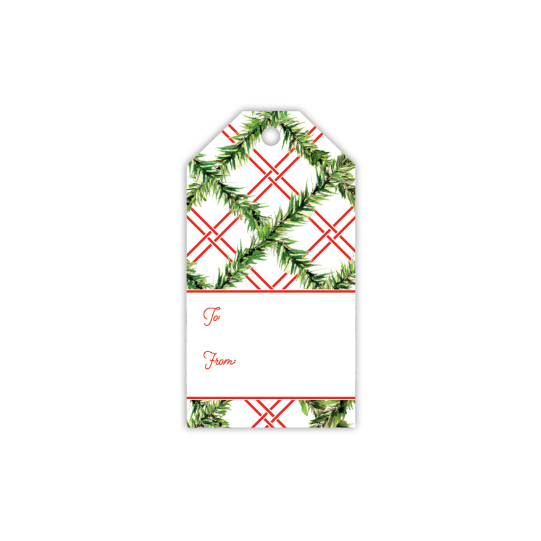 Gift Tag - Red Plaid with Green Garland