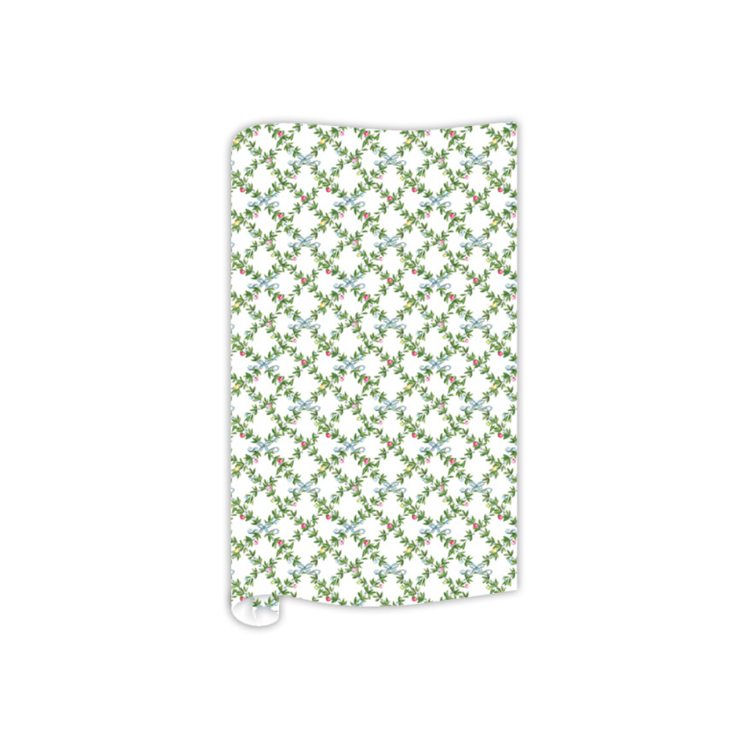 Greenery with Ornaments and Blue Bows Wrapping Paper