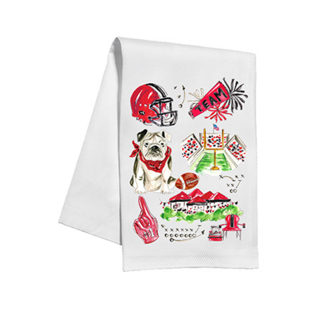 Hand painted Red & Black Bulldog Football Icons Kitchen Towel