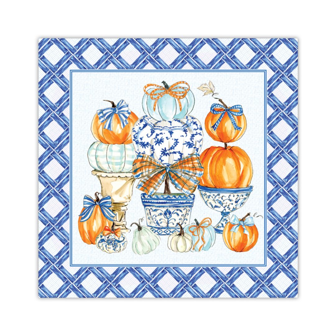 Handpainted Blue Chinoiserie Pots and Pumpkins with Blue Bamboo Border Square Placemat