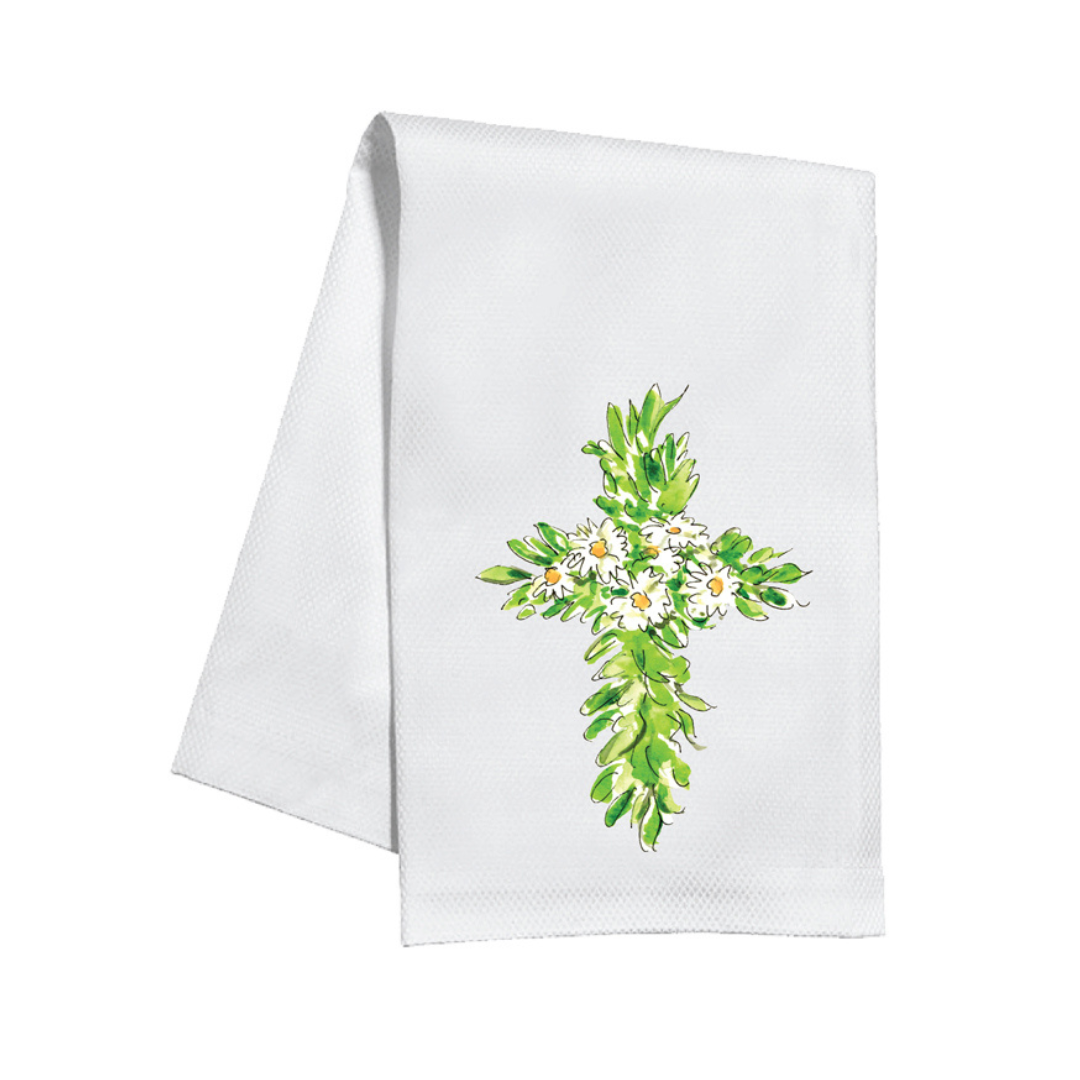 Kitchen Towel Greenery Cross with White Daisies