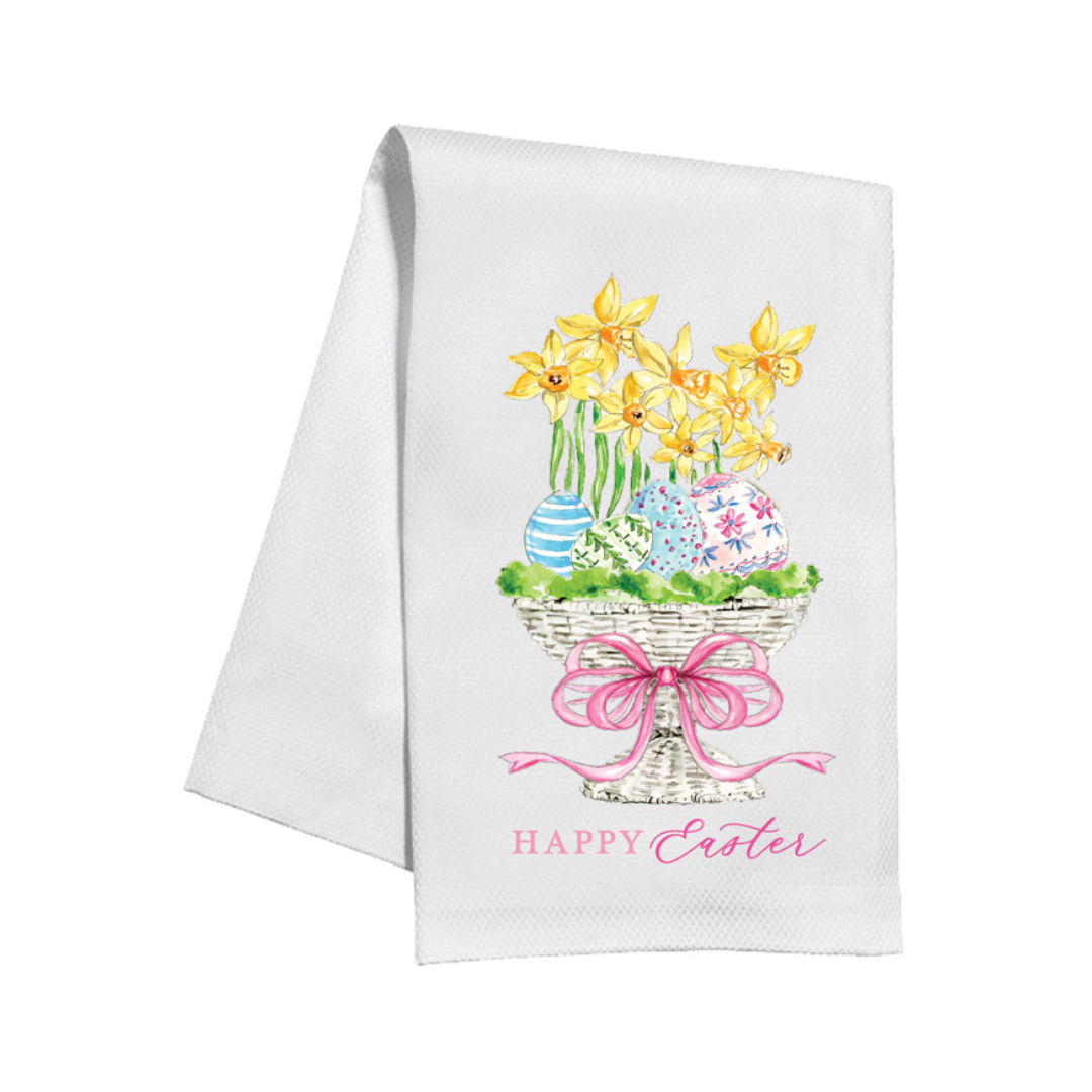 Kitchen Towel Hand-Painted Happy Easter Eggs and Daffodils