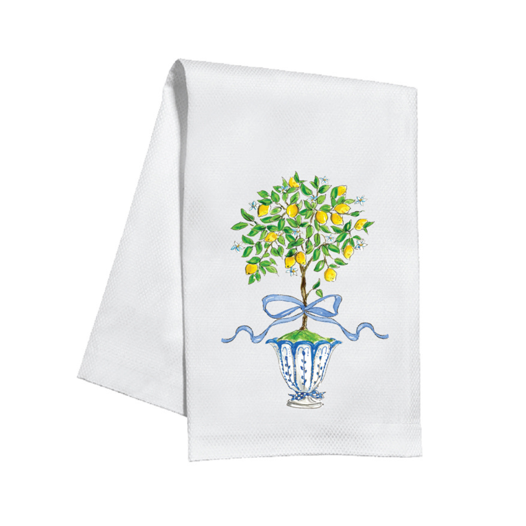 Kitchen Towel Handpainted Lemon Topiary in Chinoiserie Pot