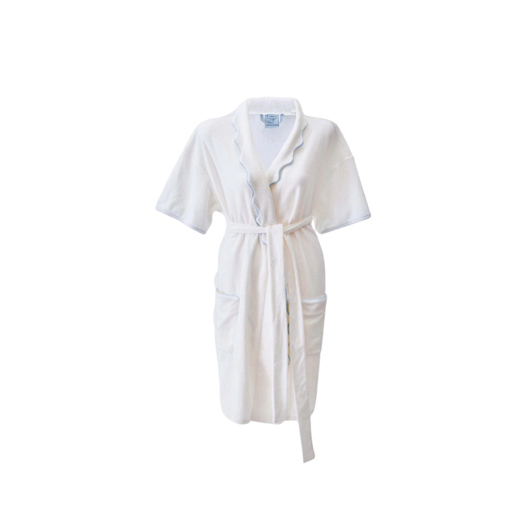 Weezie Scalloped Short Lightweight Robe-White with Blue Piping