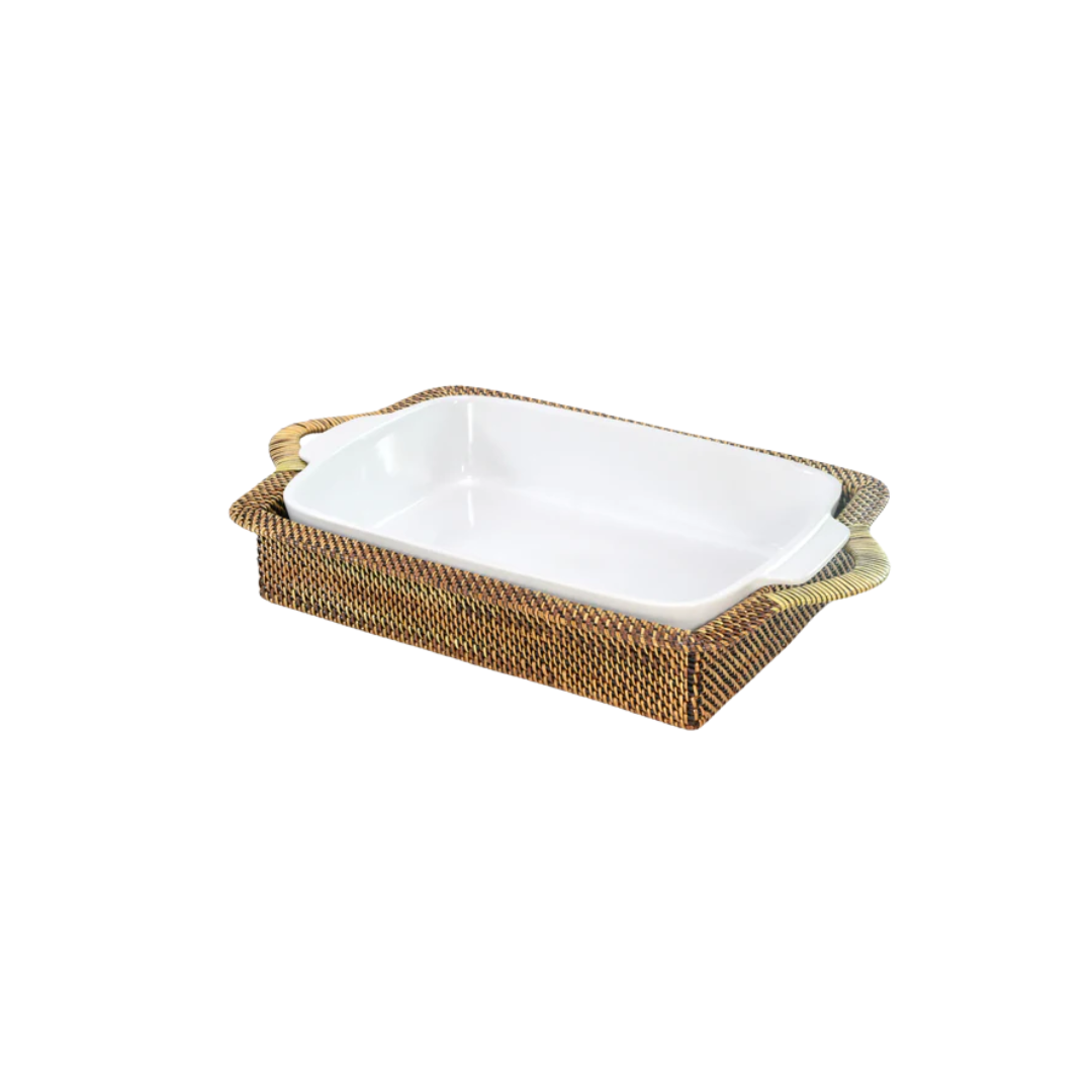 Calaisio Rectangular Casserole Basket with Handles, with Stoneware Roaster Lg 3qt