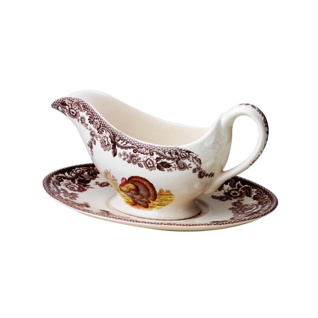 Spode Woodland Turkey Sauce Boat & Stand