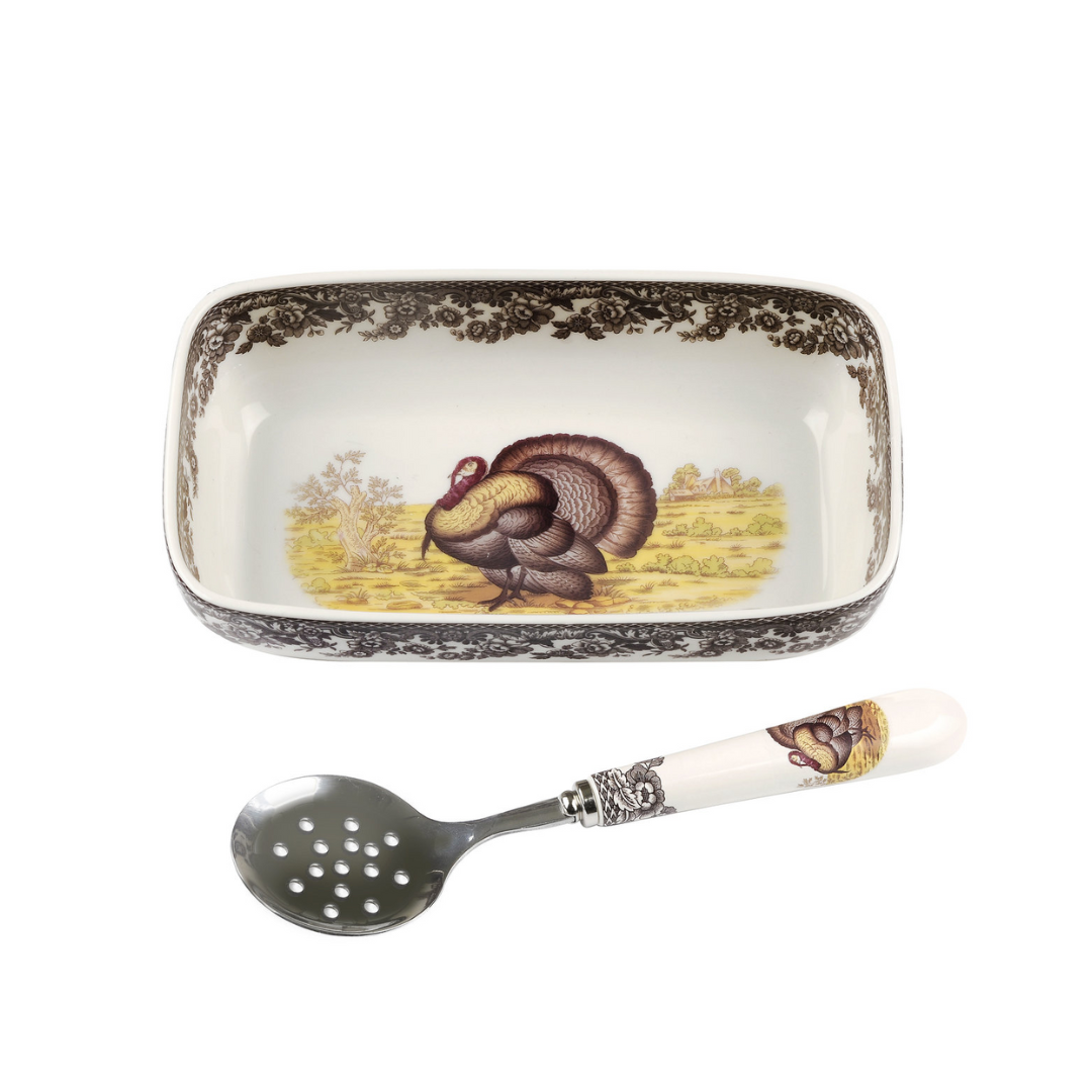 Spode Woodland Turkey Cranberry Dish with Slotted Spoon