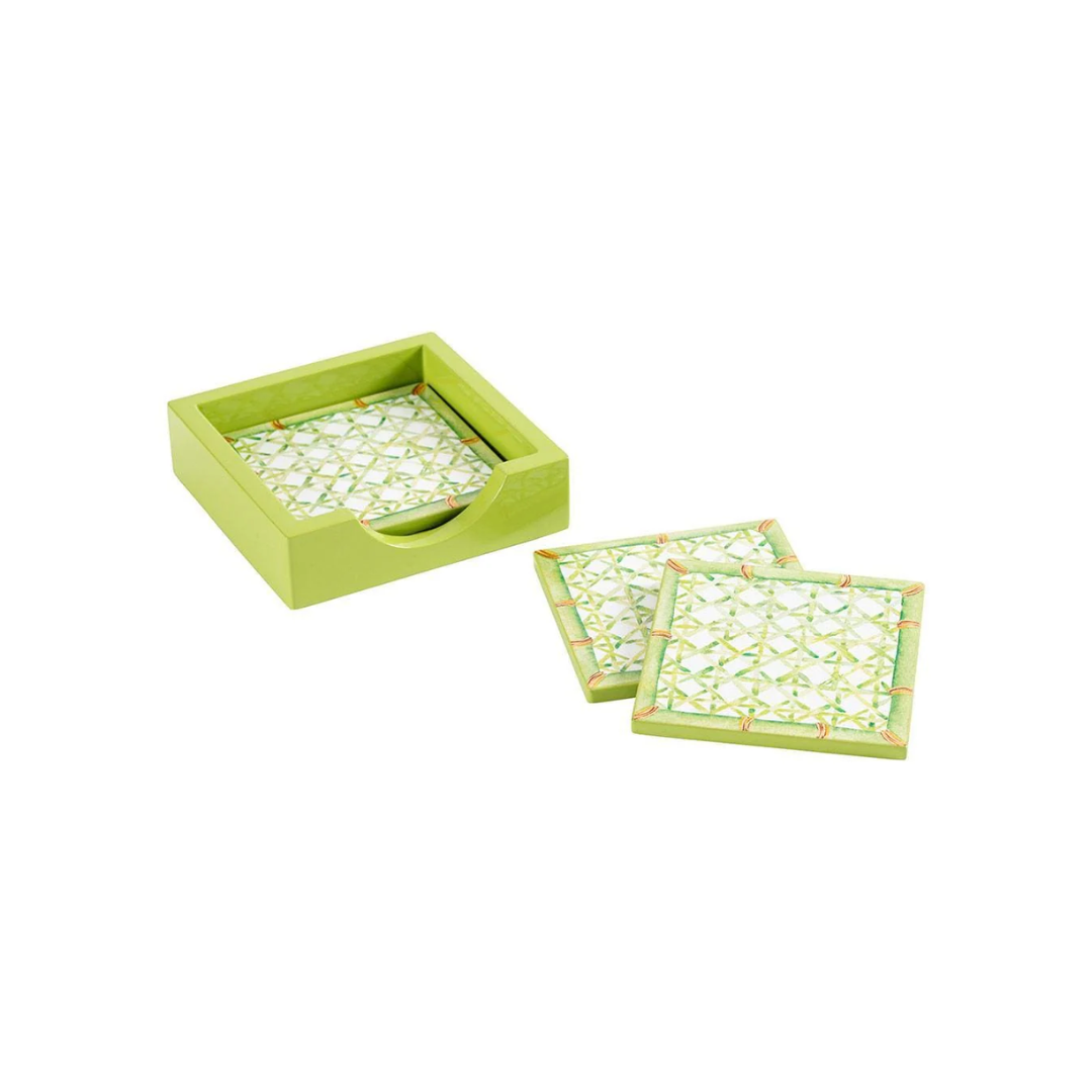 Caspari Trellis Square Lacquer Coaster in Holder - Set of 4