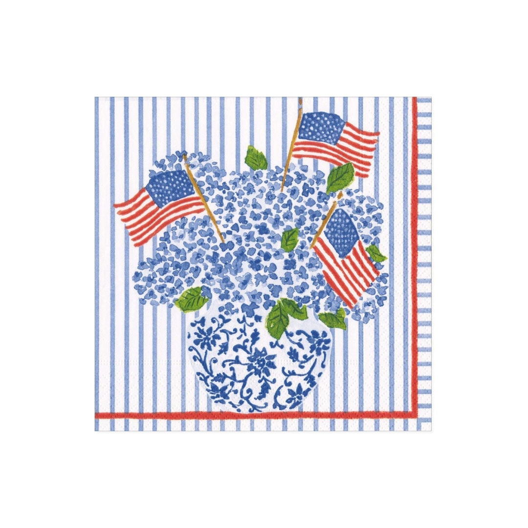 Caspari Flags and Hydrangeas Luncheon Napkin