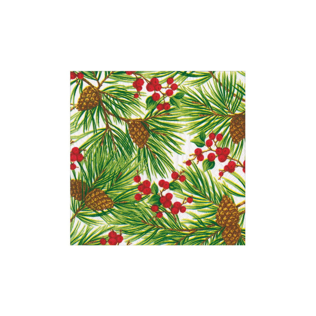 Caspari Evergreen and Berries White Cocktail Napkins