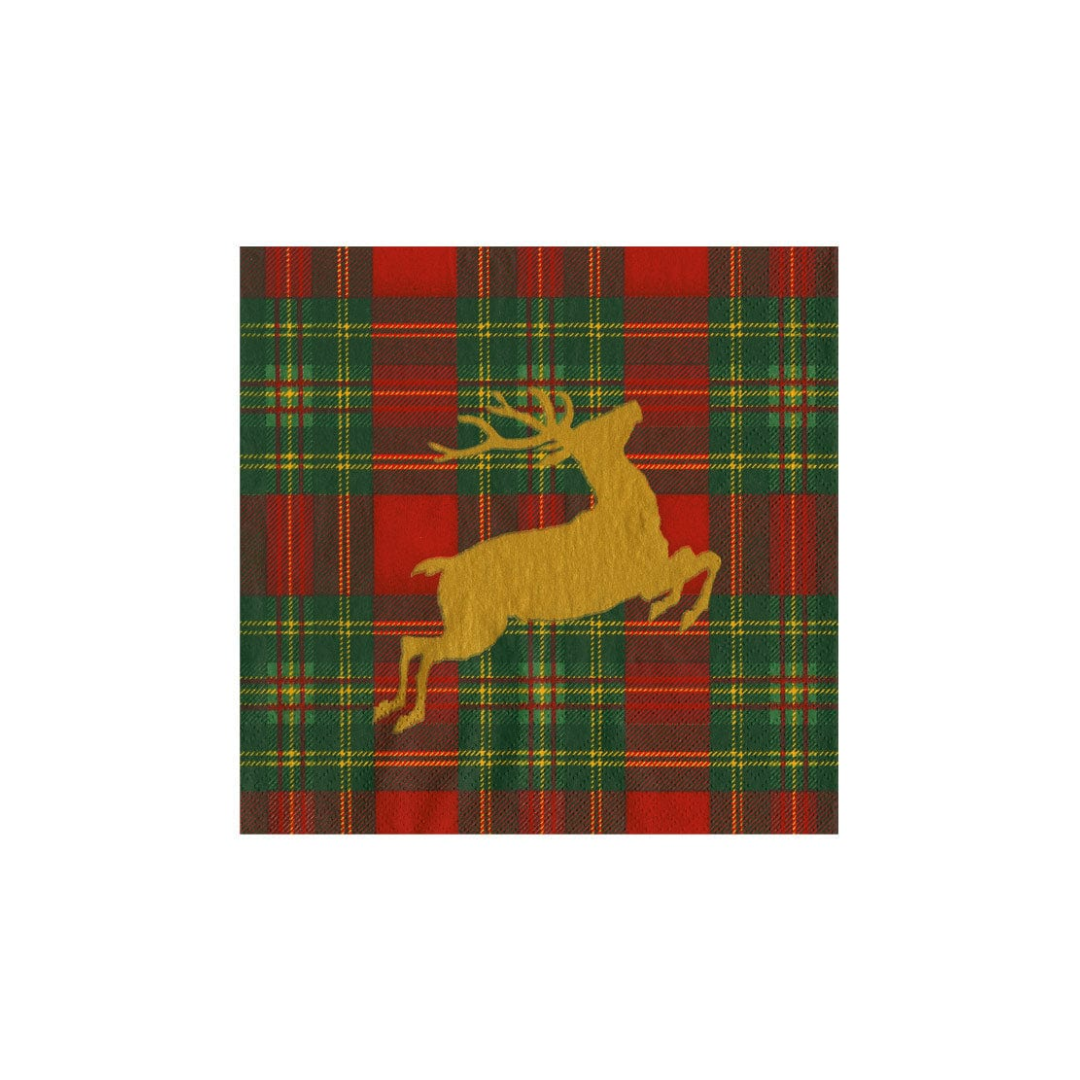 Caspari Reindeer Tartan Red Cocktail Napkins