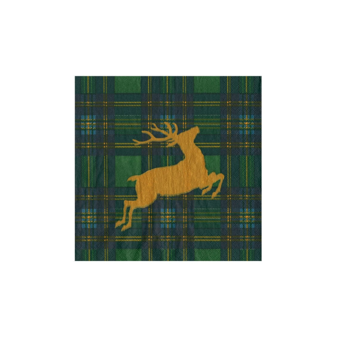 Caspari Reindeer Tartan Green Cocktail Napkins