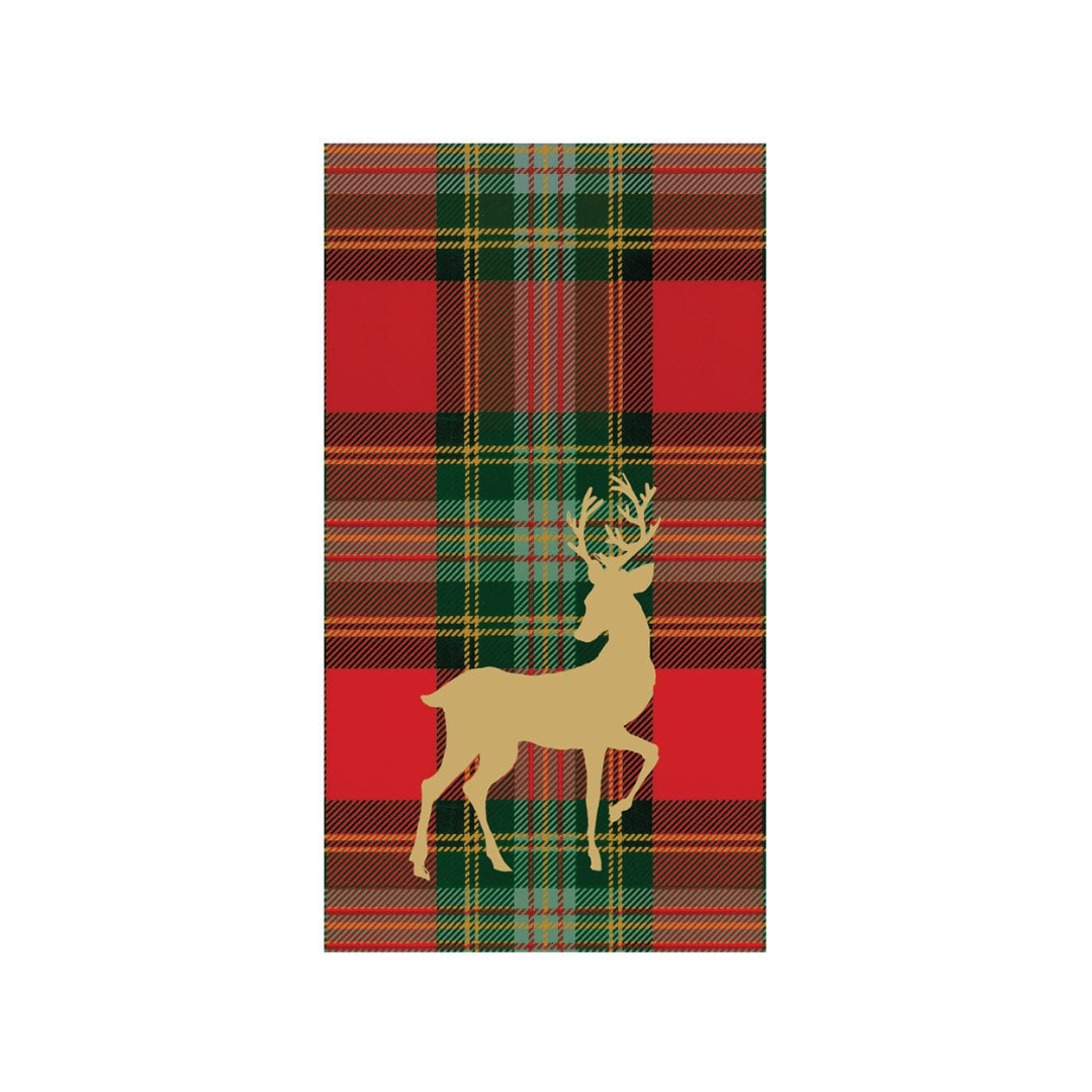 Caspari Reindeer Tartan Red Guest Towels